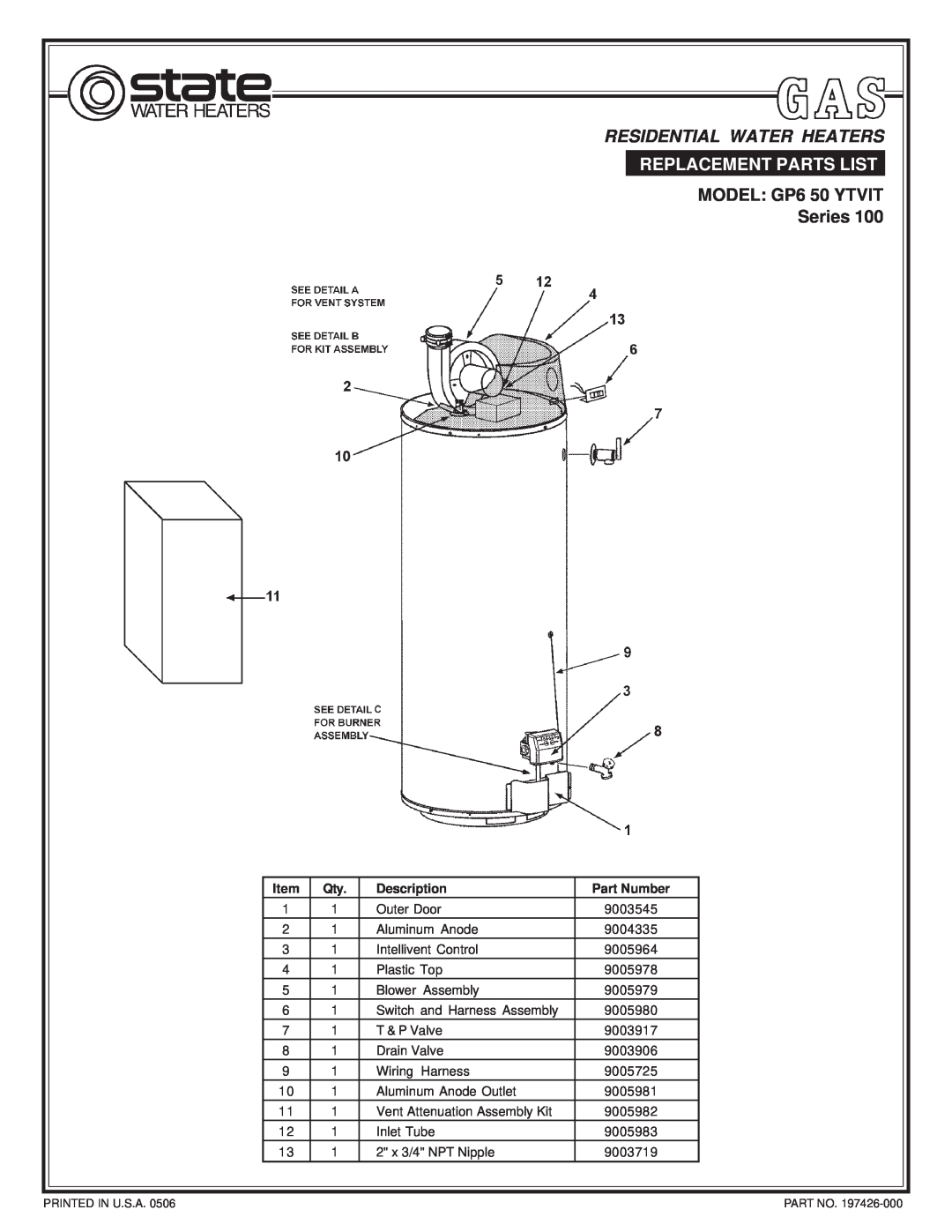 State Industries manual MODEL GP6 50 YTVIT Series, Description, Part Number, Residential Water Heaters 