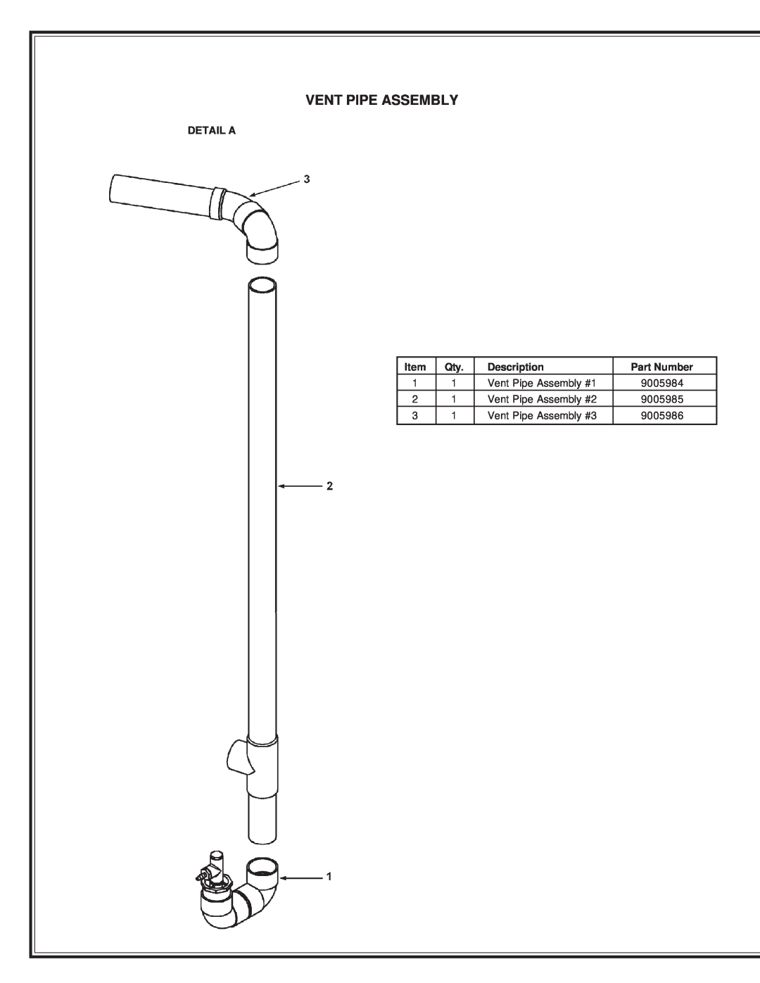 State Industries GP6 50 YTVIT manual Vent Pipe Assembly, Detail A, Description, Part Number 