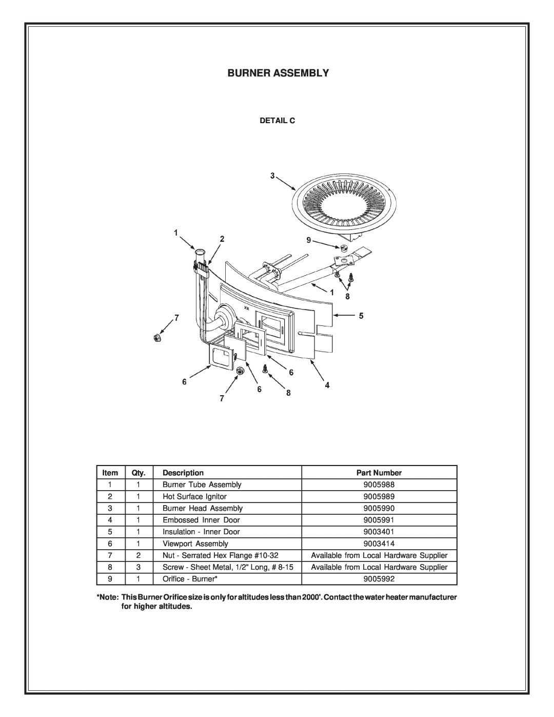 State Industries GP6 50 YTVIT manual Burner Assembly, Detail C, Description, Part Number 