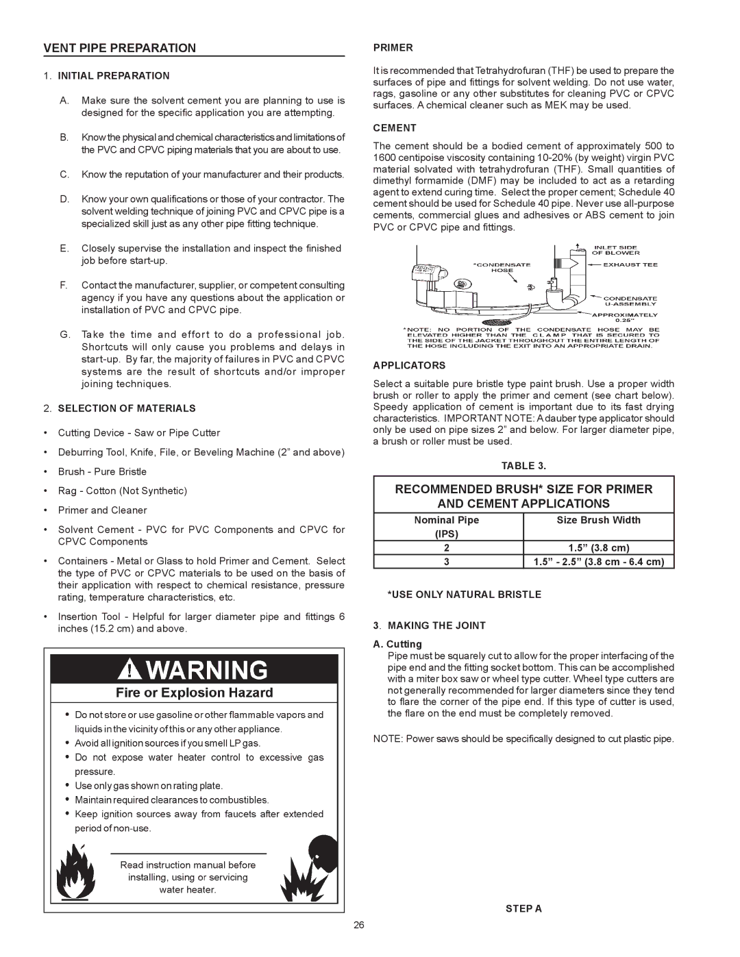 State Industries GP6 50 instruction manual Vent Pipe Preparation, Recommended BRUSH* Size for Primer Cement Applications 