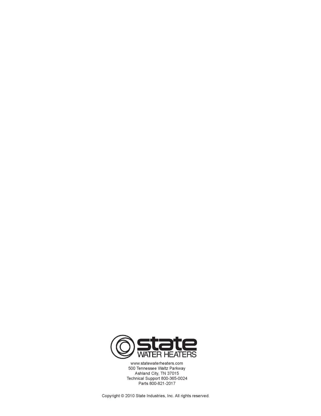 State Industries GP6 50 instruction manual Copyright 2010 State Industries, Inc. All rights reserved 