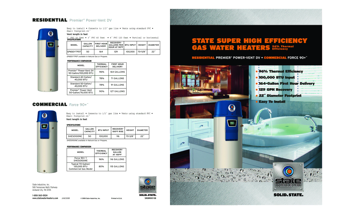 State Industries SHE50100NE, GP650YTPDT specifications Specifications, Performance Comparison 