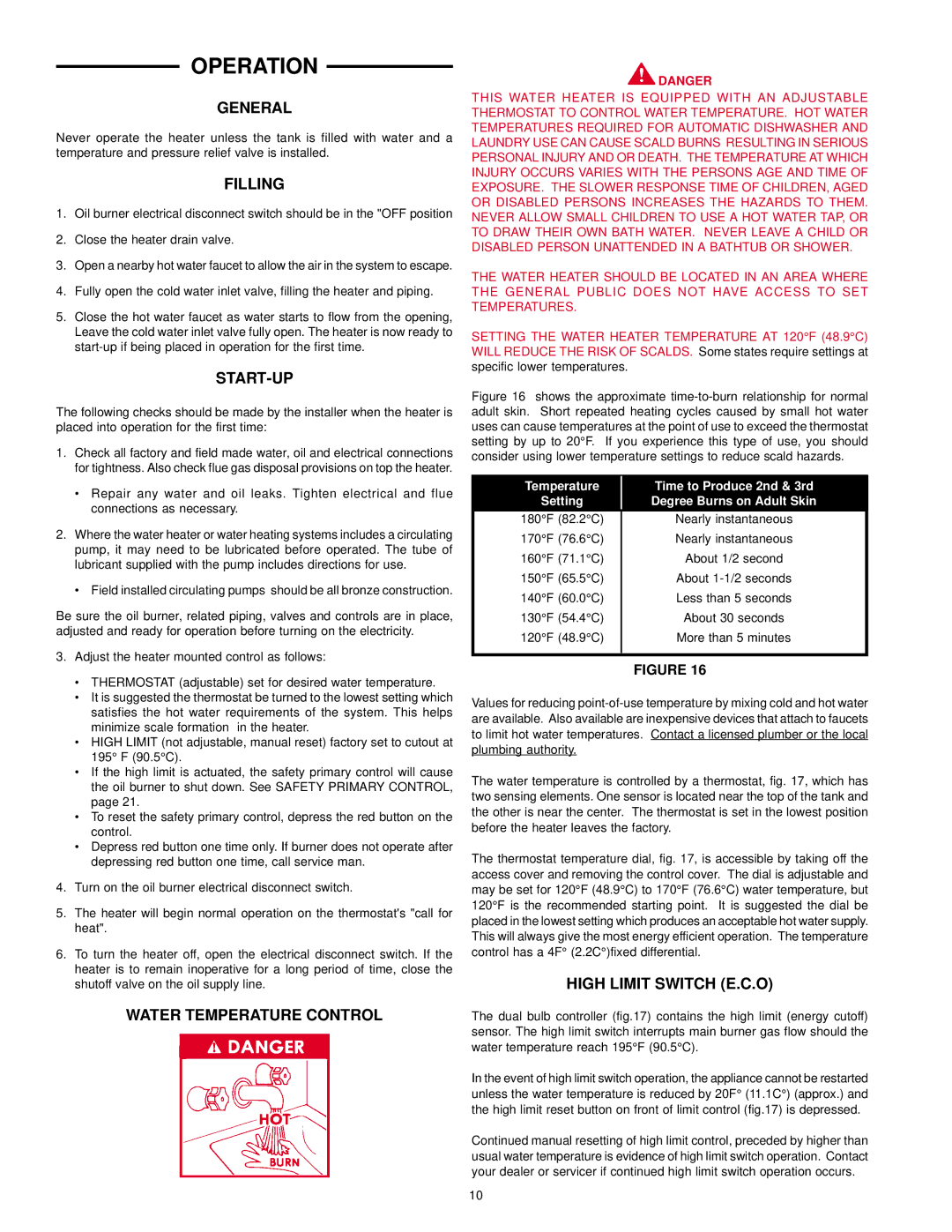 State Industries GPO 86-199 manual Operation, Filling, Start-Up, Water Temperature Control, High Limit Switch E.C.O 