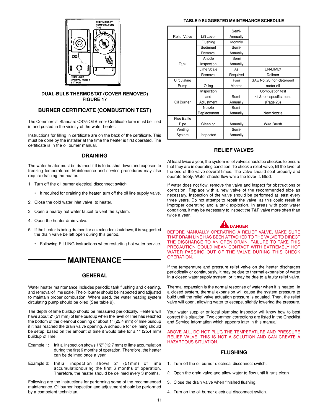 State Industries GPO 86-199 manual Maintenance, Burner Certificate Combustion Test, Draining, Relief Valves, Flushing 