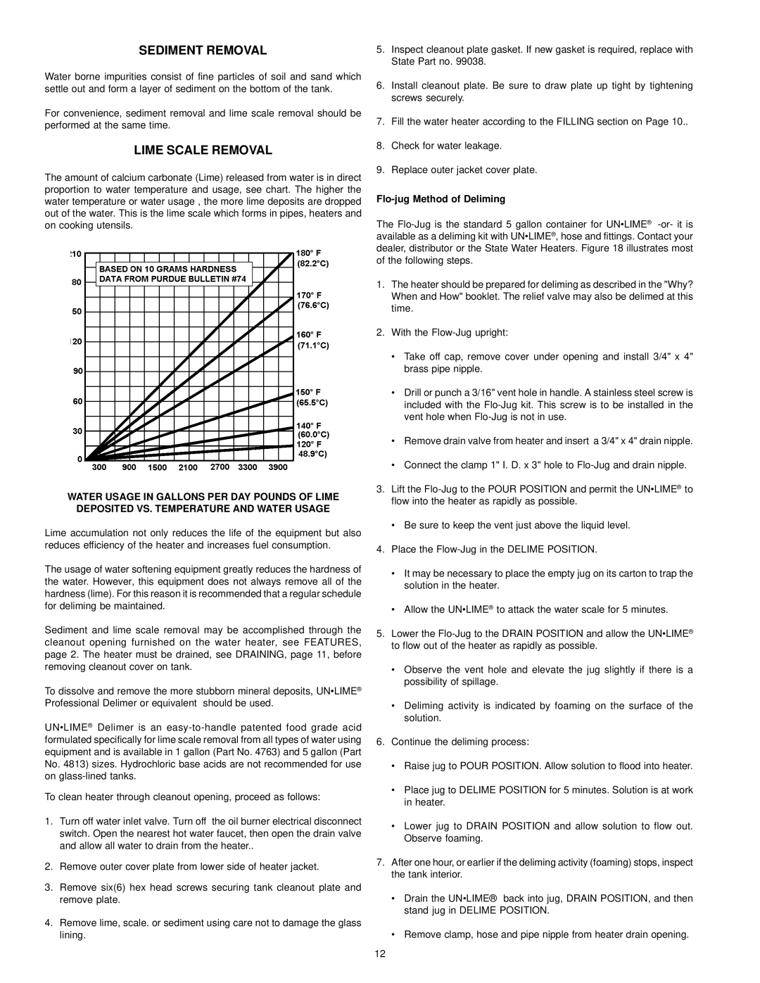 State Industries GPO 86-199 manual Sediment Removal, Lime Scale Removal, Flo-jug Method of Deliming 