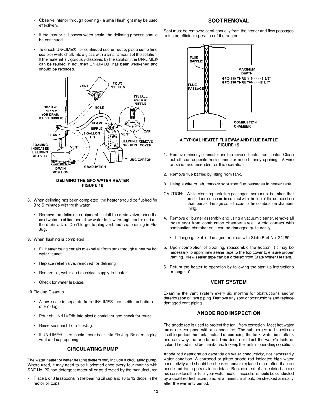 State Industries GPO 86-199 manual Circulating Pump, Soot Removal, Vent System, Anode ROD Inspection 