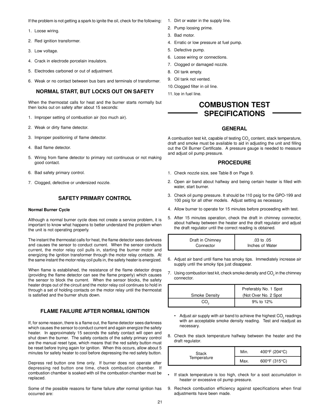 State Industries GPO 86-199 Combustion Test Specifications, Normal START, but Locks OUT on Safety, Safety Primary Control 