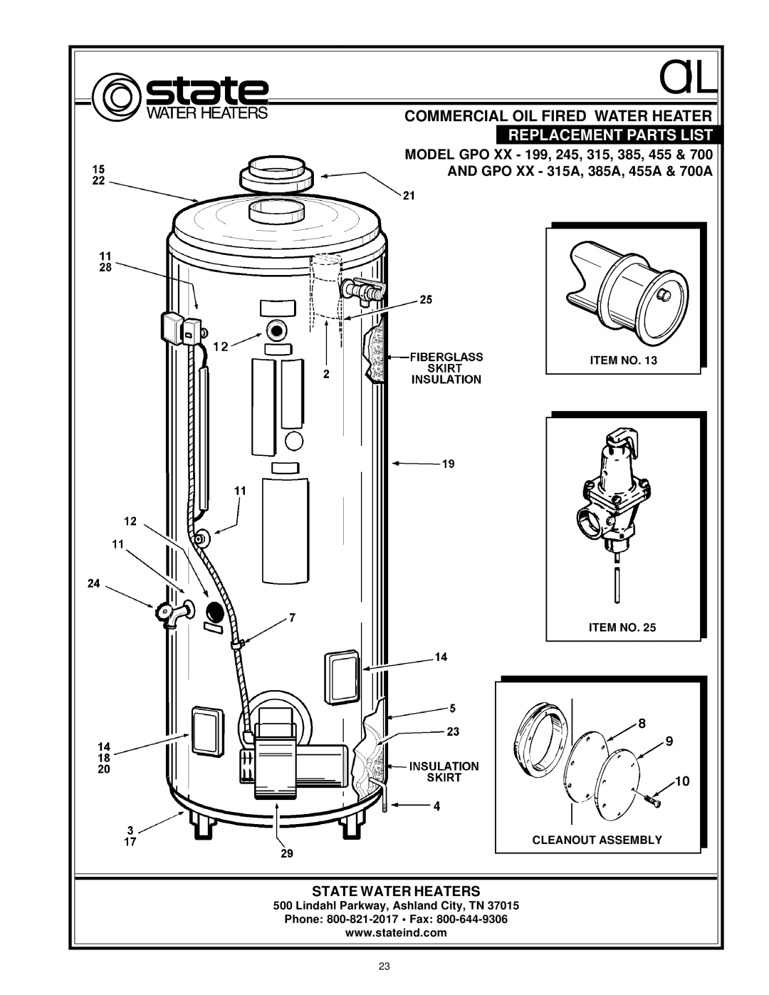 State Industries GPO 86-199 manual Item no Cleanout Assembly, Lindahl Parkway, Ashland City, TN Phone 800-821-2017 Fax 