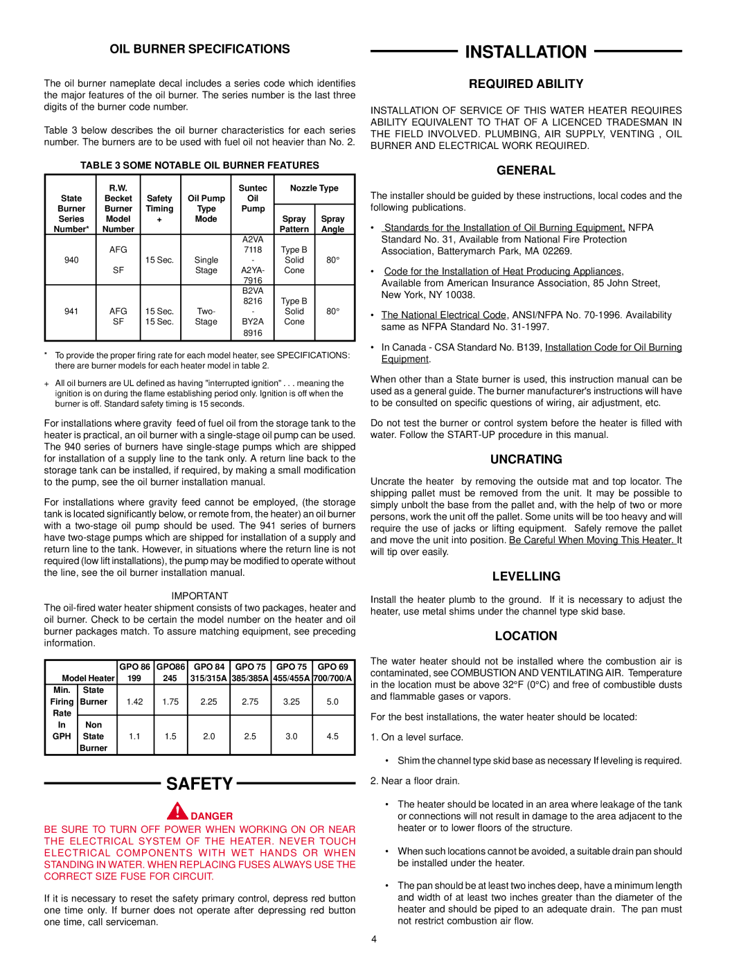 State Industries GPO 86-199 manual Safety, Installation 