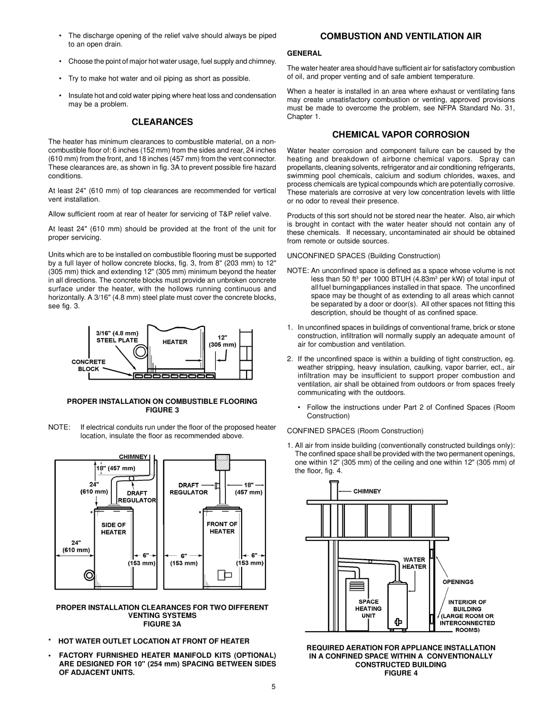 State Industries GPO 86-199 manual Clearances, Combustion and Ventilation AIR, Chemical Vapor Corrosion, General 