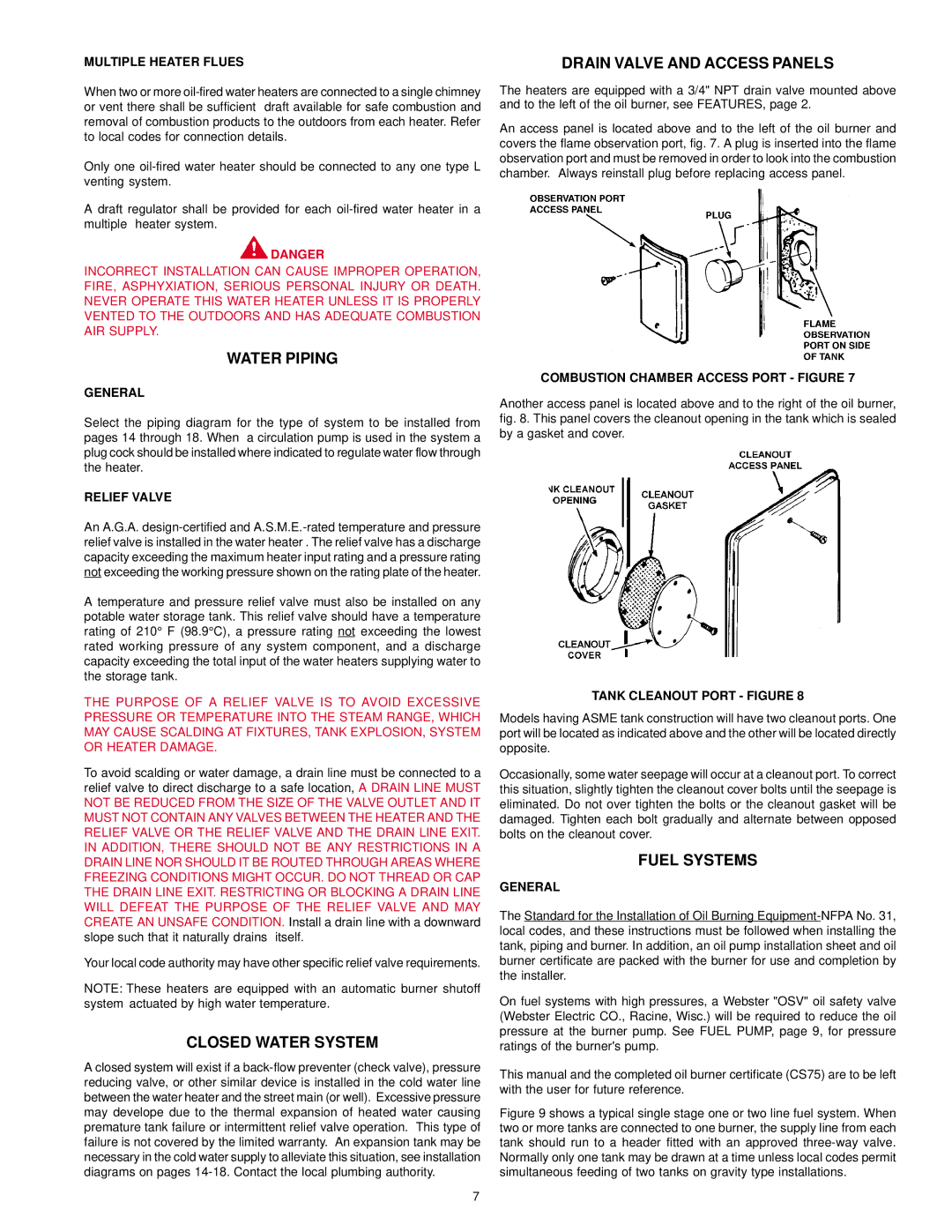 State Industries GPO 86-199 manual Drain Valve and Access Panels, Water Piping, Closed Water System, Fuel Systems 