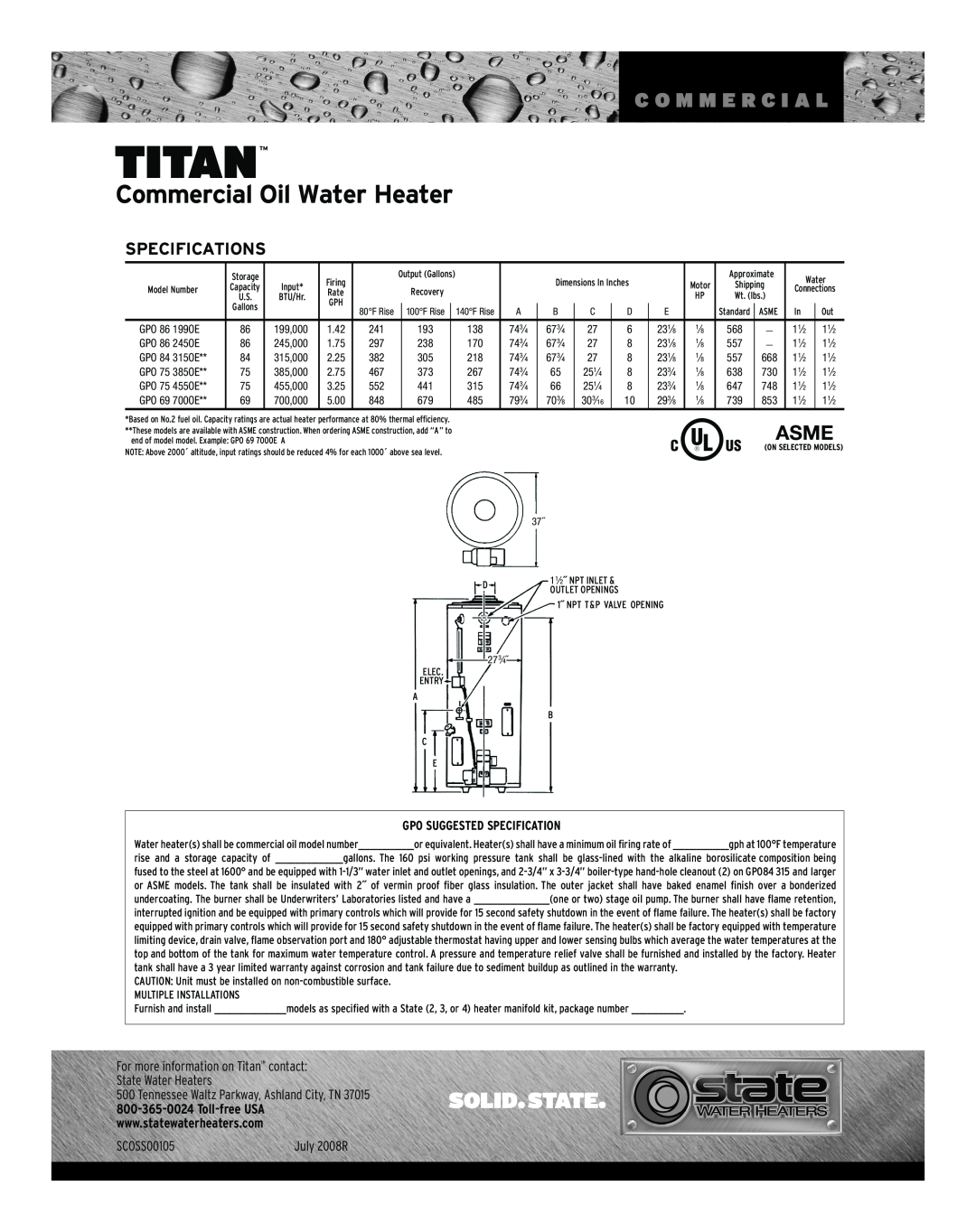 State Industries GPO84 315 Specifications, Titan, Commercial Oil Water Heater, C O M M E R C I A L, Asme, SCOSS00105 