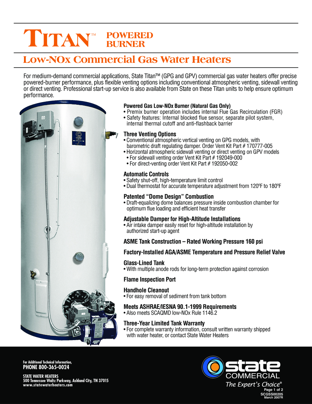 State Industries GPG85 540 NEA warranty Low-NOxCommercial Gas Water Heaters, Titan Powered Burner, Phone, Glass-LinedTank 