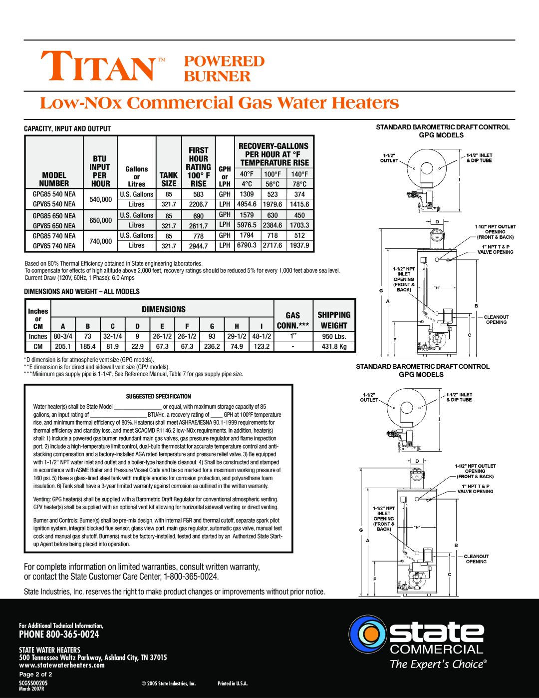State Industries GPG85 650 NEA warranty Low-NOxCommercial Gas Water Heaters, Titan Powered Burner, Phone, First, Dimensions 