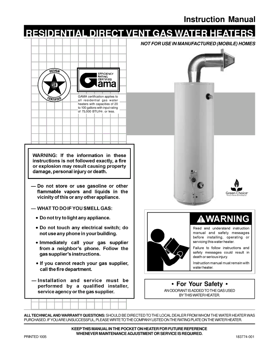 State Industries Green Choice instruction manual Residential Direct Vent GAS Water Heaters 