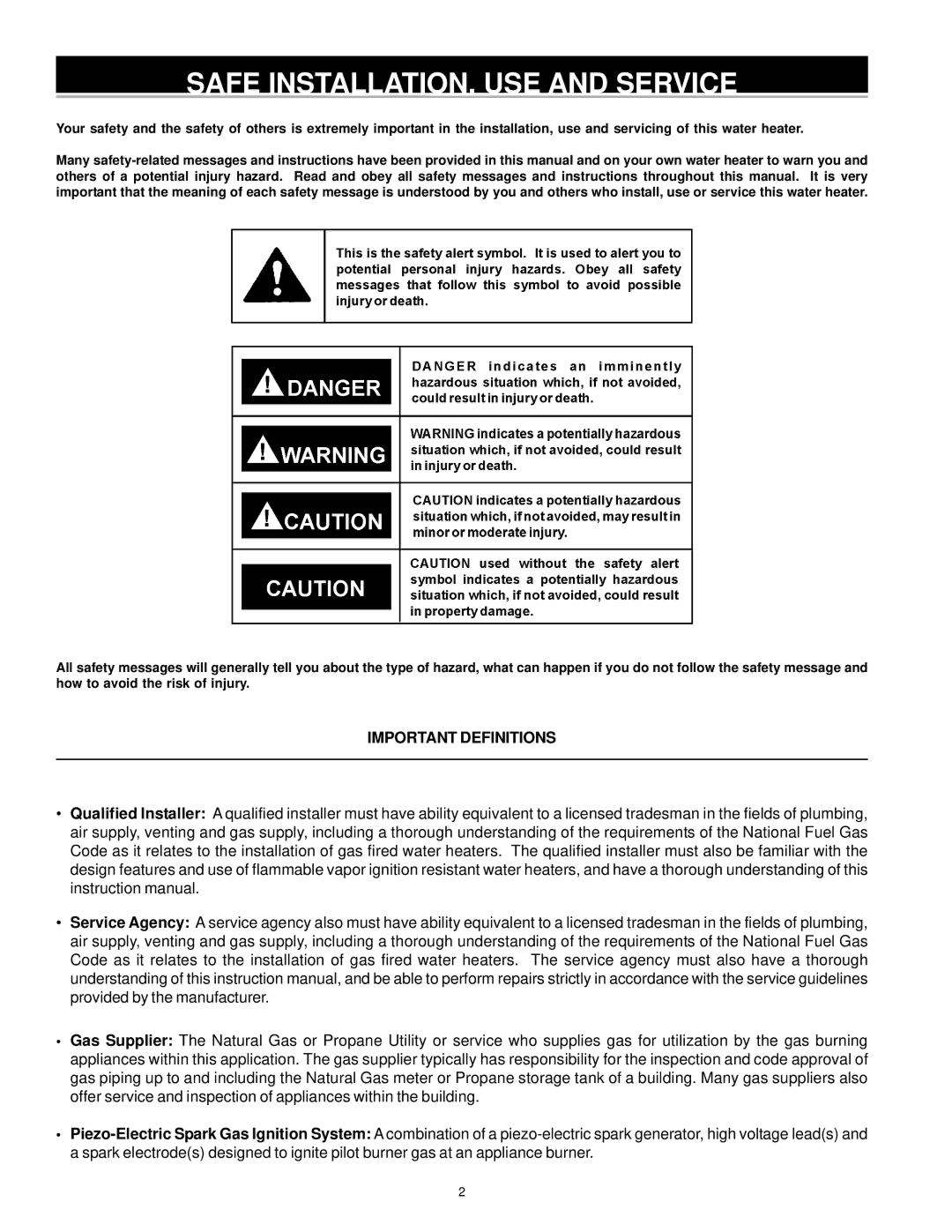 State Industries Green Choice instruction manual Safe INSTALLATION, USE and Service, Important Definitions 