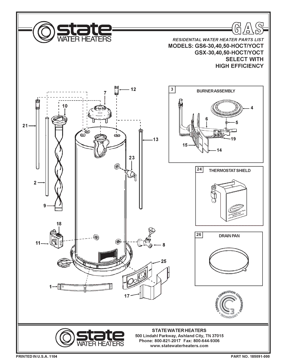 State Industries GS6-30, GS6-50 manual State Water Heaters, Lindahl Parkway, Ashland City, TN Phone 800-821-2017 Fax 