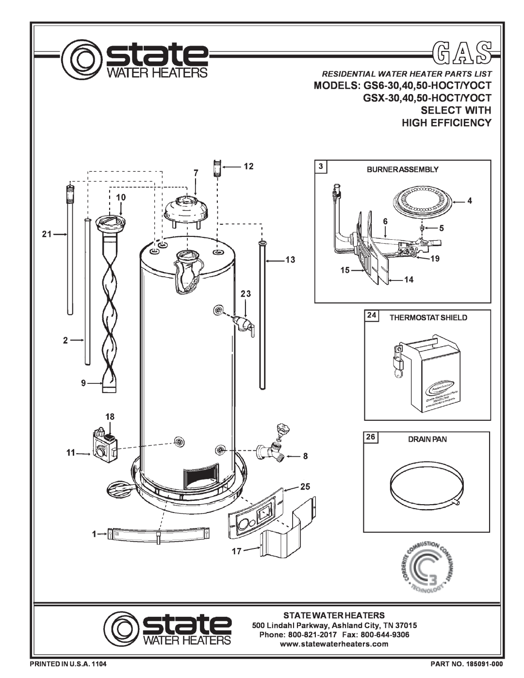 State Industries GS6-30, GS6-50 manual State Water Heaters, Burnerassembly, Thermostat Shield, Drain Pan, Printed In U.S.A 