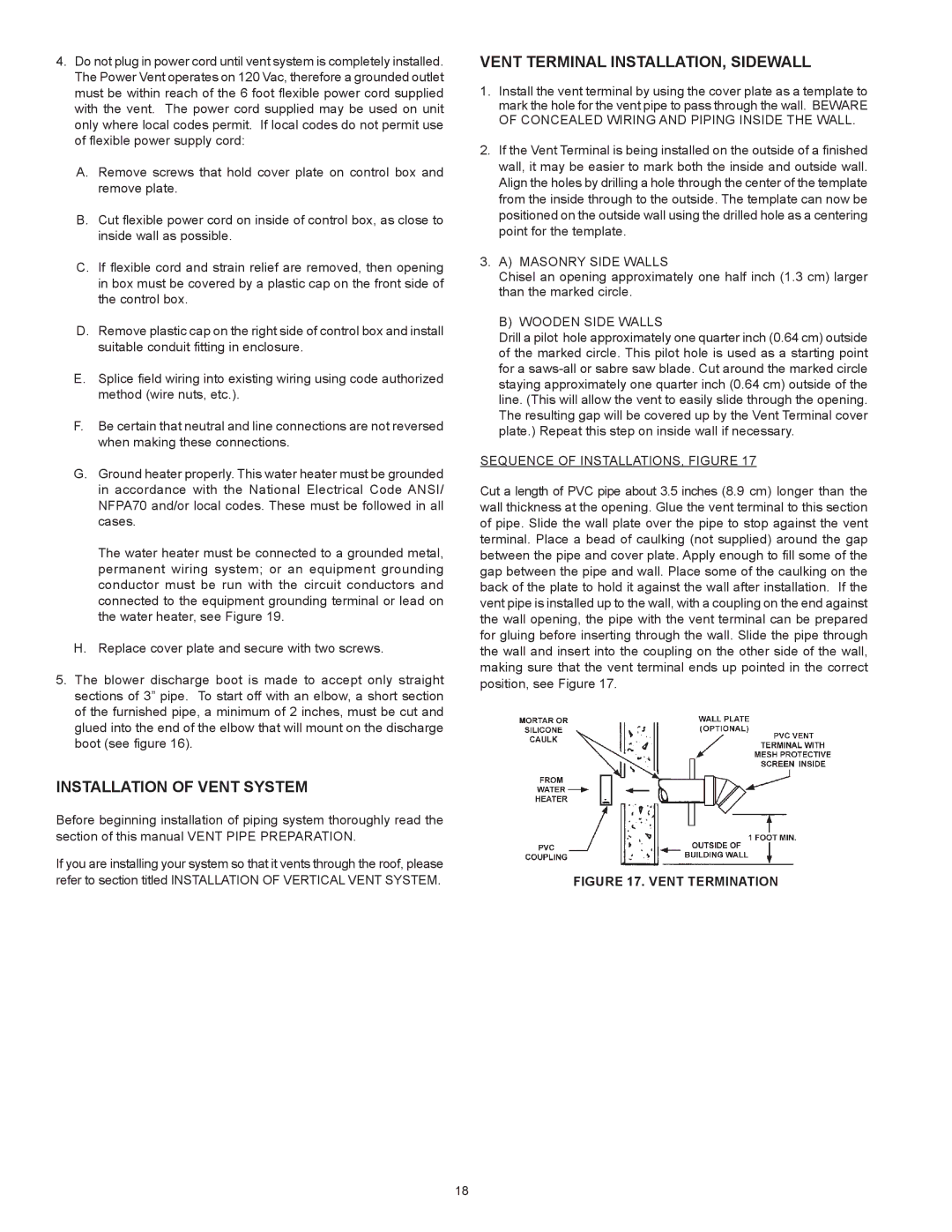 State Industries GS675YRVIT, GS675HRVIT instruction manual Installation of Vent System, Vent Terminal INSTALLATION, Sidewall 