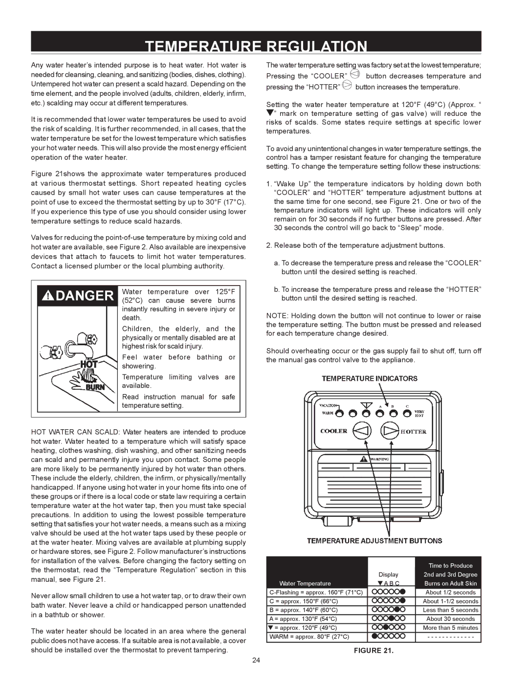 State Industries GS675YRVIT, GS675HRVIT instruction manual Temperature Regulation, Water Temperature 