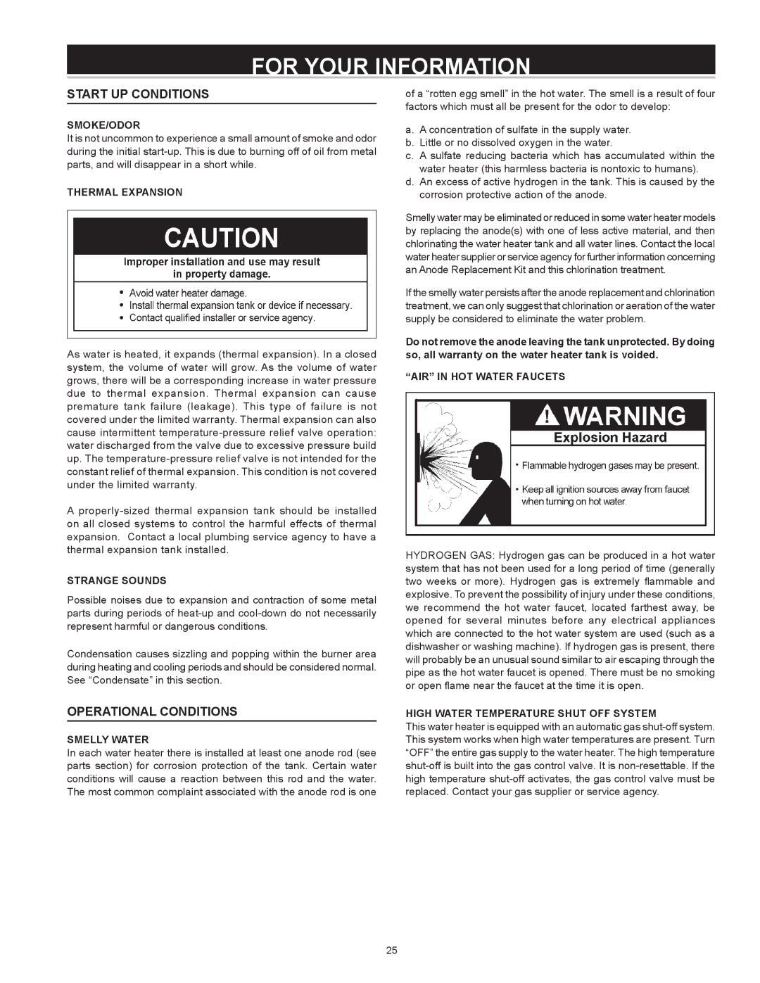 State Industries GS675HRVIT, GS675YRVIT instruction manual For Your Information, Start UP Conditions, Operational Conditions 