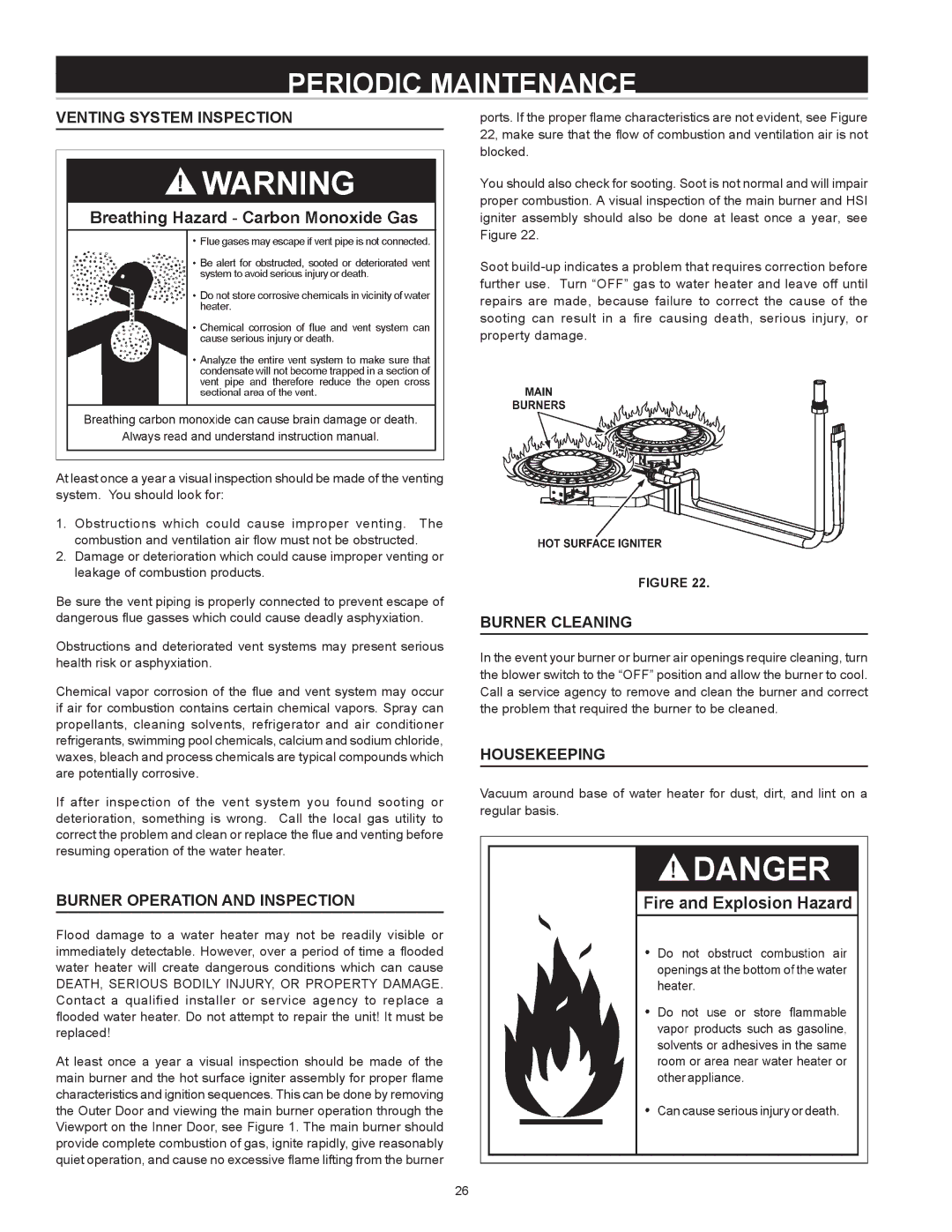 State Industries GS675YRVIT Periodic Maintenance, Venting System Inspection, Burner Operation and Inspection, Housekeeping 