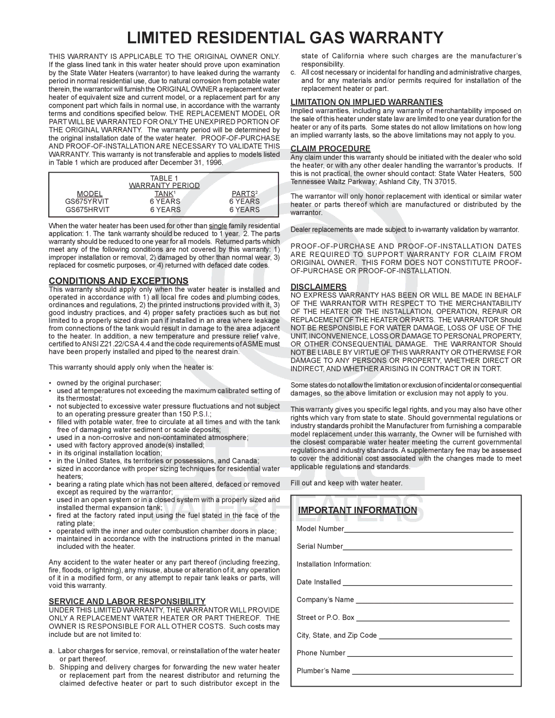 State Industries GS675HRVIT, GS675YRVIT instruction manual Conditions and Exceptions, Important Information 