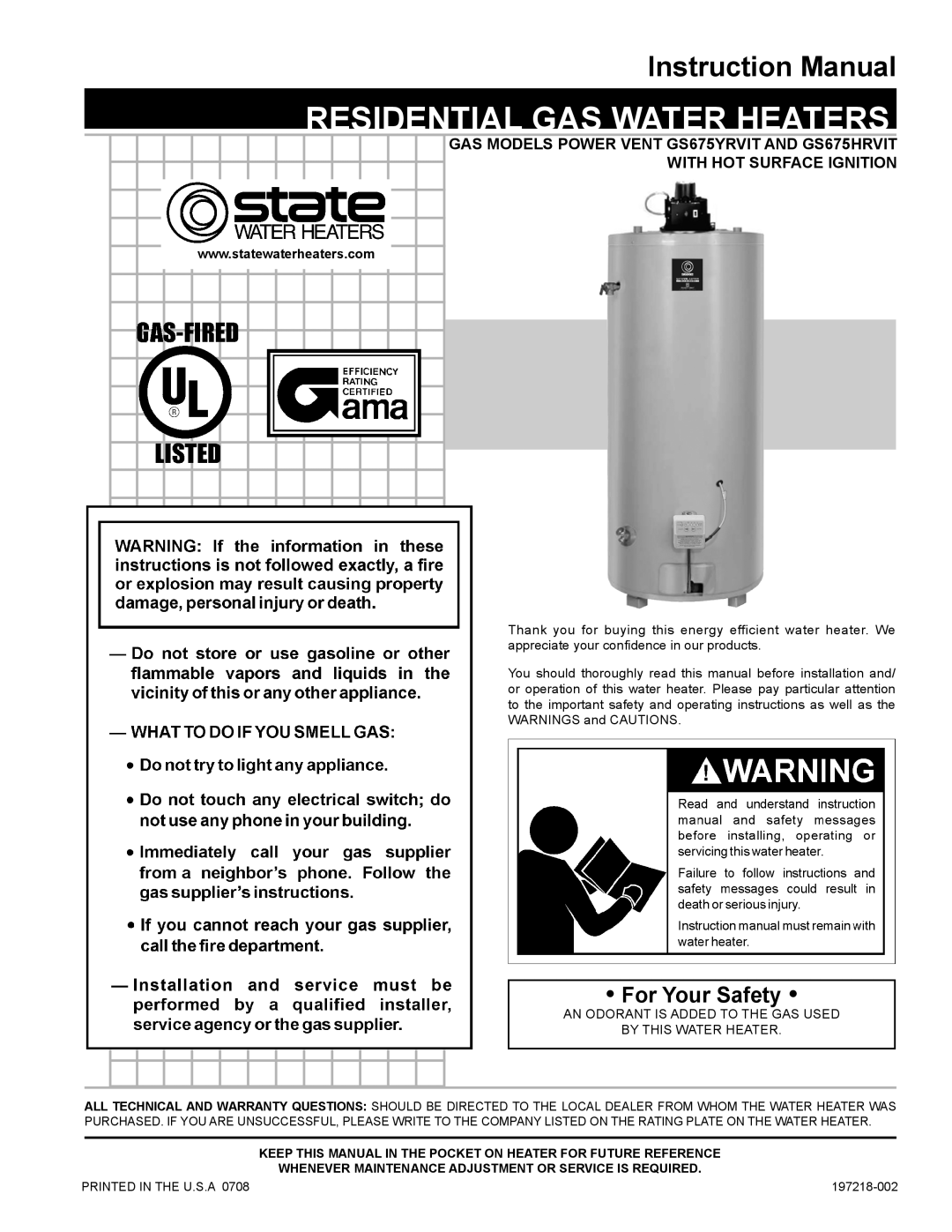 State Industries GS675YRVLT instruction manual Whenever maintenance adjustment or service is required, 197218-002 