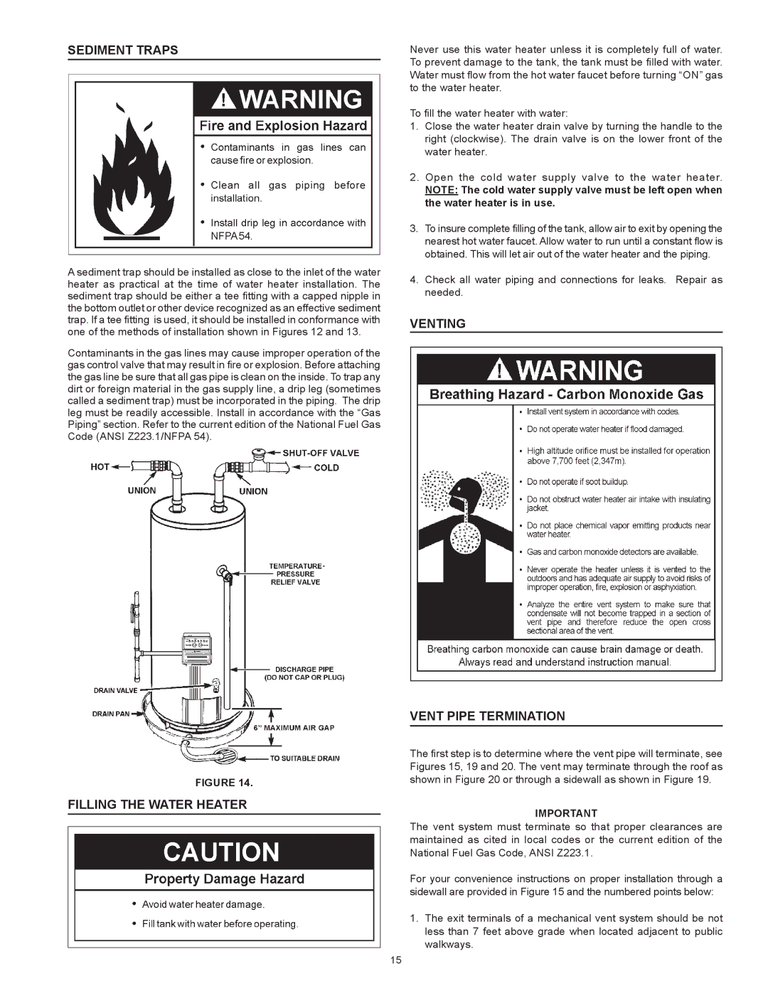 State Industries GS675YRVLT instruction manual Sediment Traps, Filling the Water Heater, Venting Vent Pipe Termination 