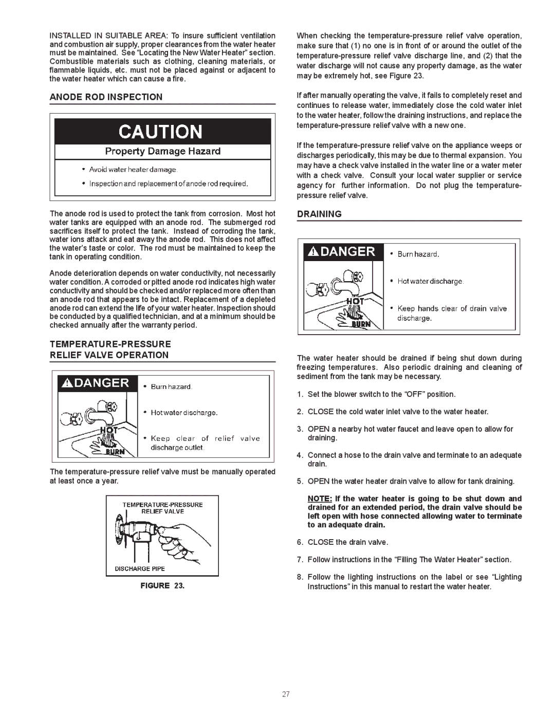 State Industries GS675YRVLT instruction manual Anode ROD Inspection, Temperature-Pressure Relief Valve Operation, Draining 