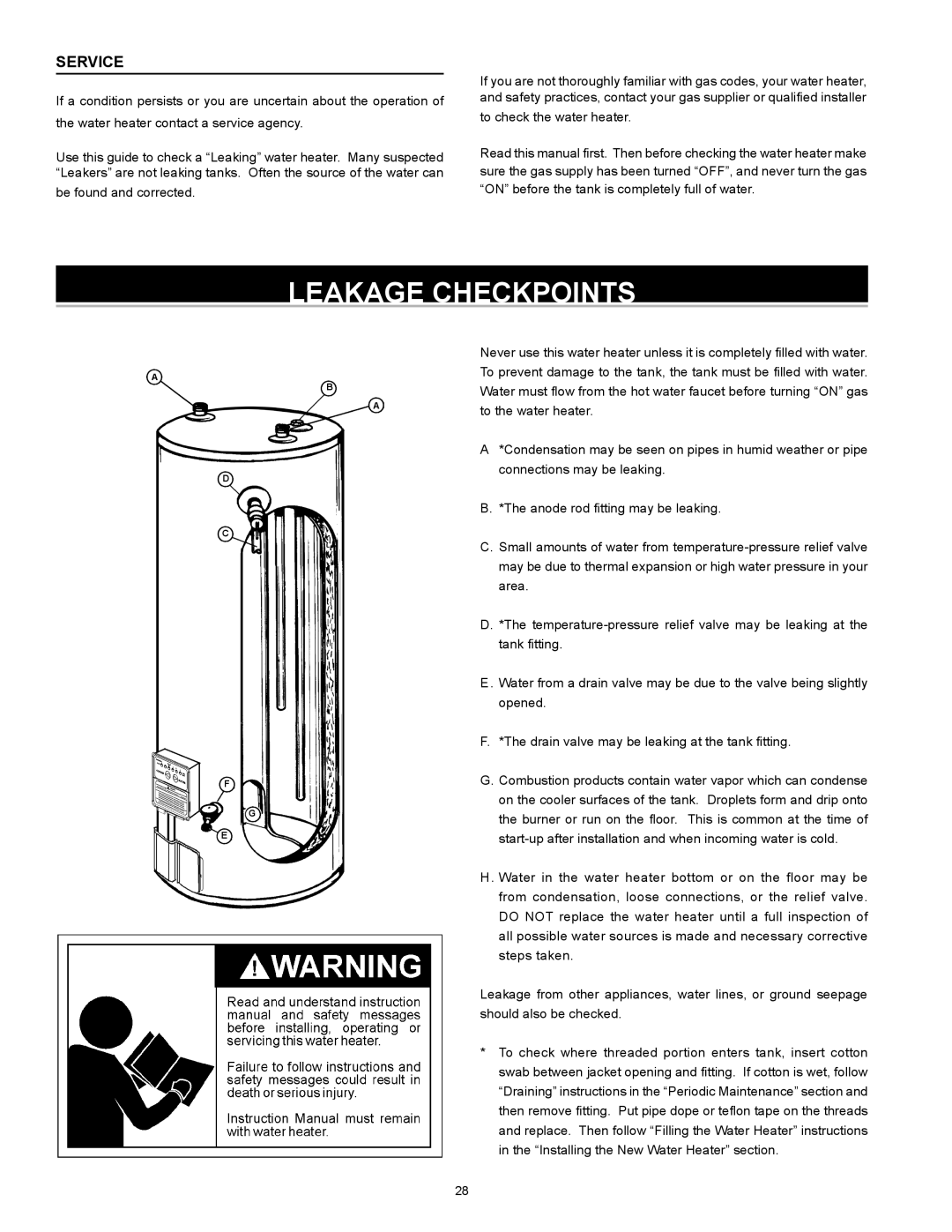 State Industries GS675YRVLT instruction manual Leakage Checkpoints, Service 