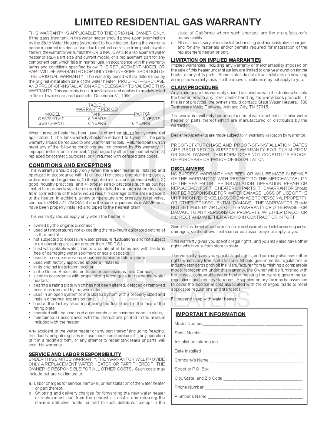 State Industries GS675YRVLT instruction manual Conditions and Exceptions, Important Information 