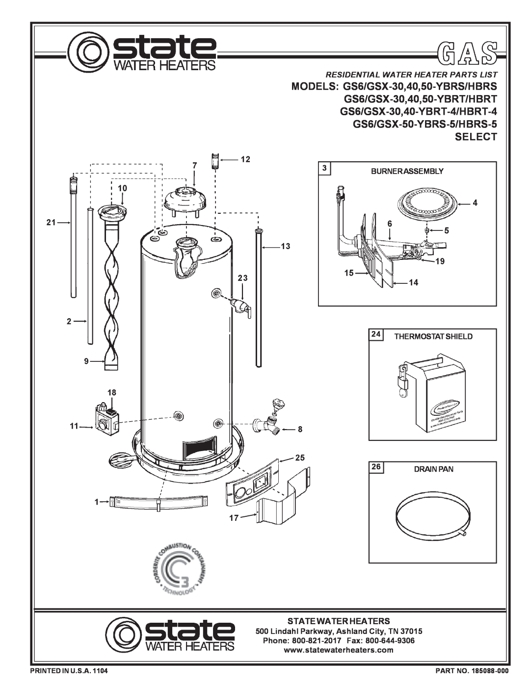 State Industries GS6/GSX-50-YBRS-5/HBRS-5, 40 manual Select, State Water Heaters, Residential Water Heater Parts List 