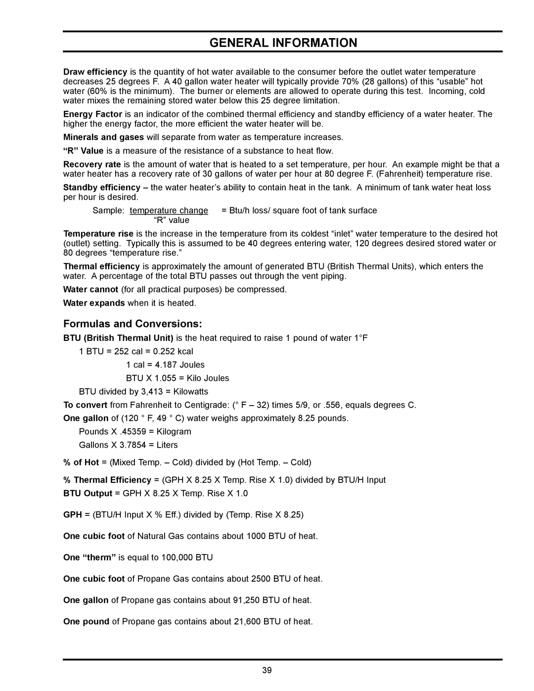 State Industries GSX, GS6, GPX manual General Information, Formulas and Conversions 