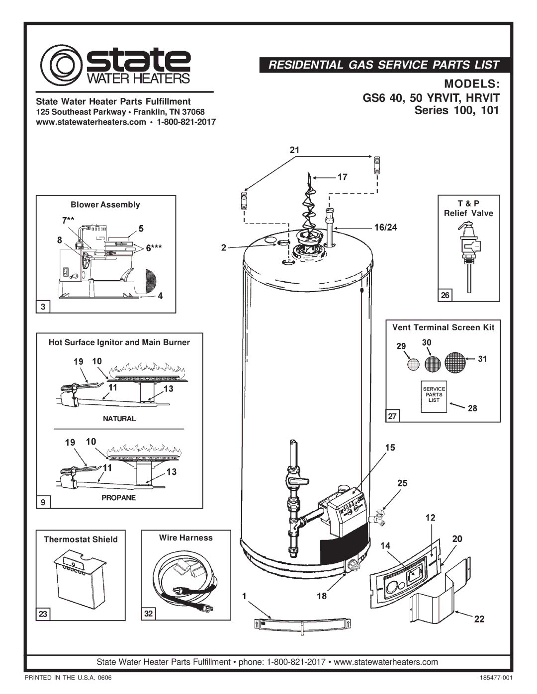 State Industries HRVIT manual Residential GAS Service Parts List, Models GS6 40, 50 YRVIT, Hrvit, Series 100 