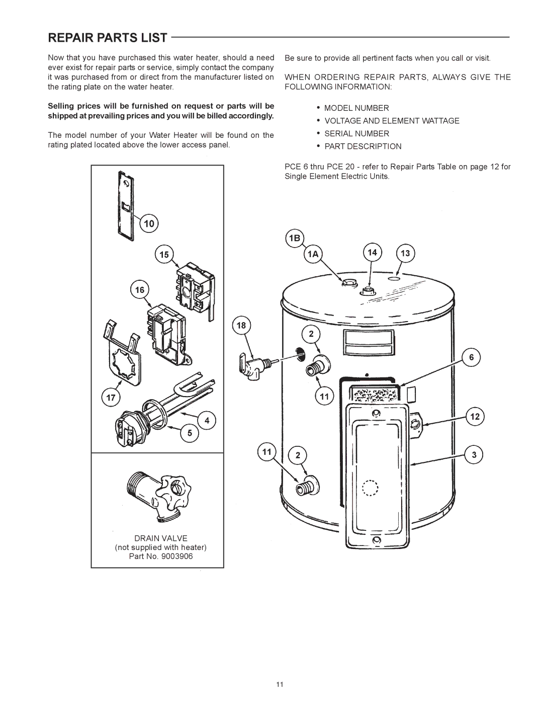 State Industries PCE 6-120 warranty Repair Parts List 