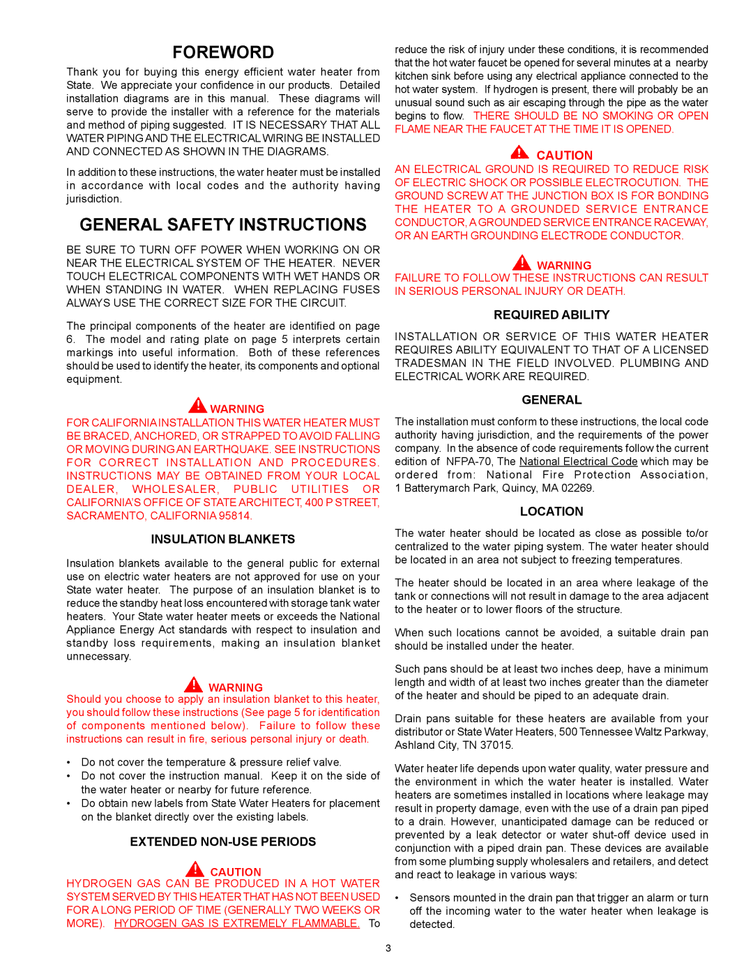 State Industries PCE 6-120 warranty Foreword, General Safety Instructions 