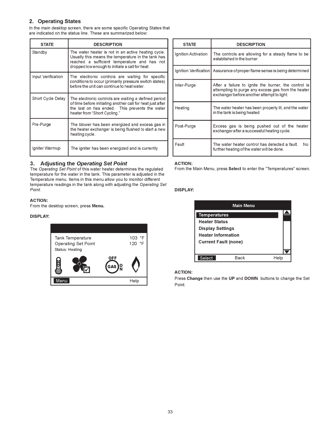 State Industries Power Vent/Power Direct Vent Gas Models instruction manual Operating States, Display Action 