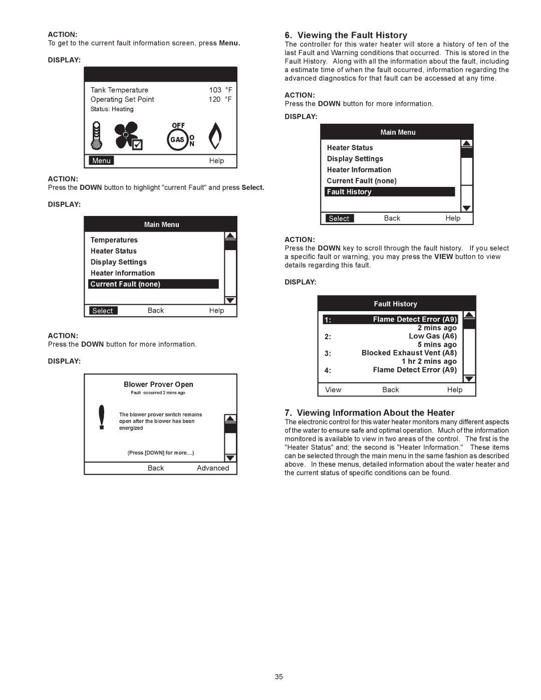 State Industries Power Vent/Power Direct Vent Gas Models Viewing the Fault History, Viewing Information About the Heater 