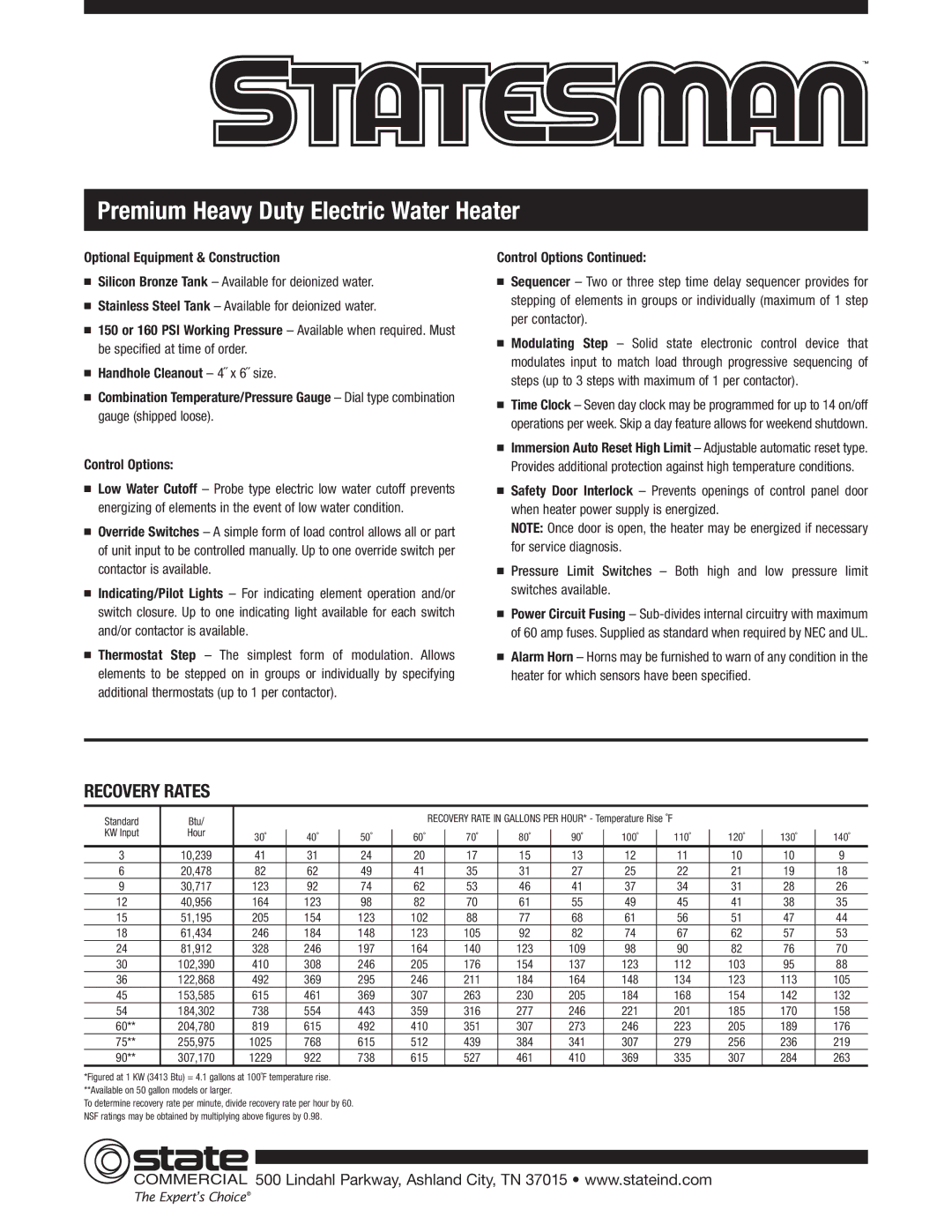 State Industries Premium Heavy Duty warranty Recovery Rates, Optional Equipment & Construction 