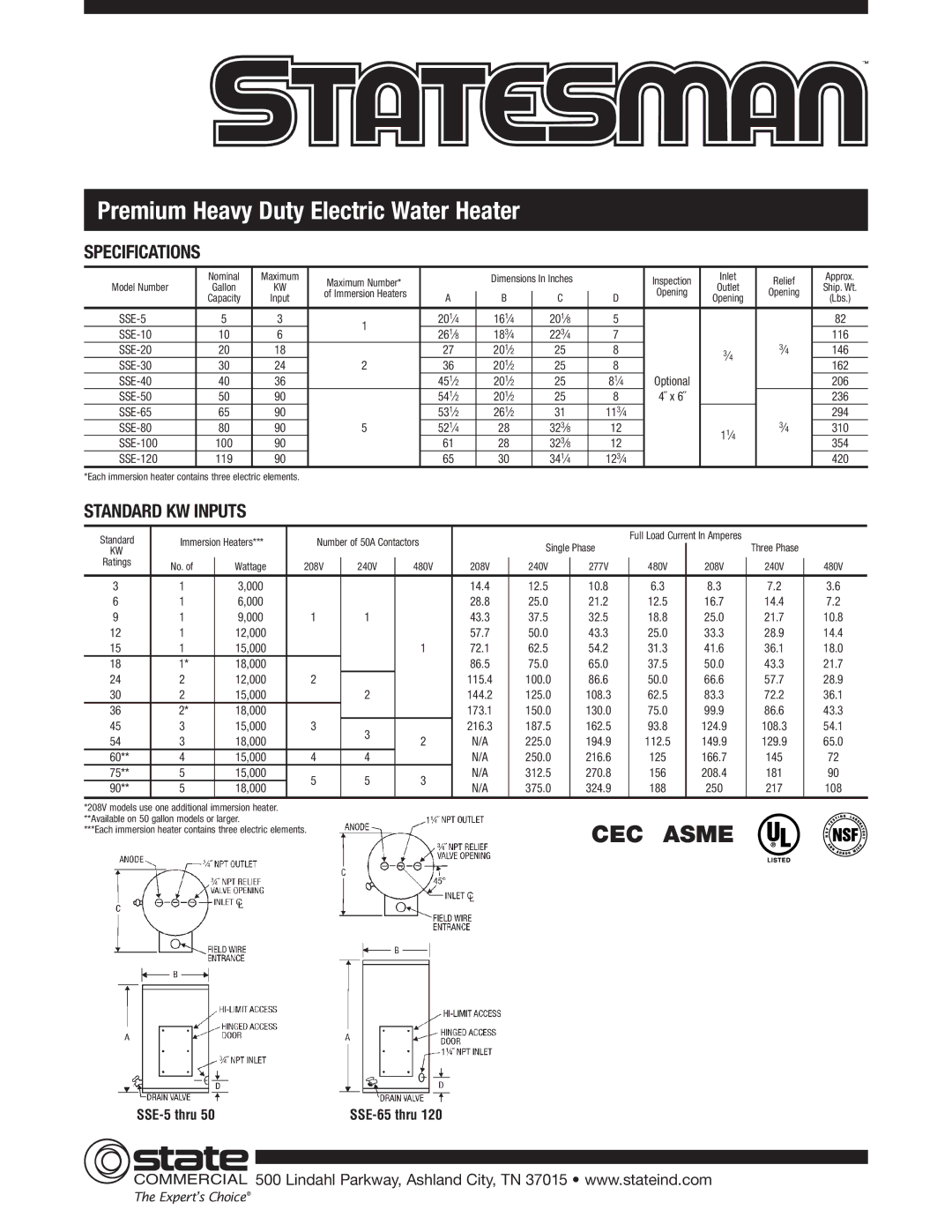 State Industries Premium Heavy Duty warranty Specifications, Standard KW Inputs, SSE-5 thru 