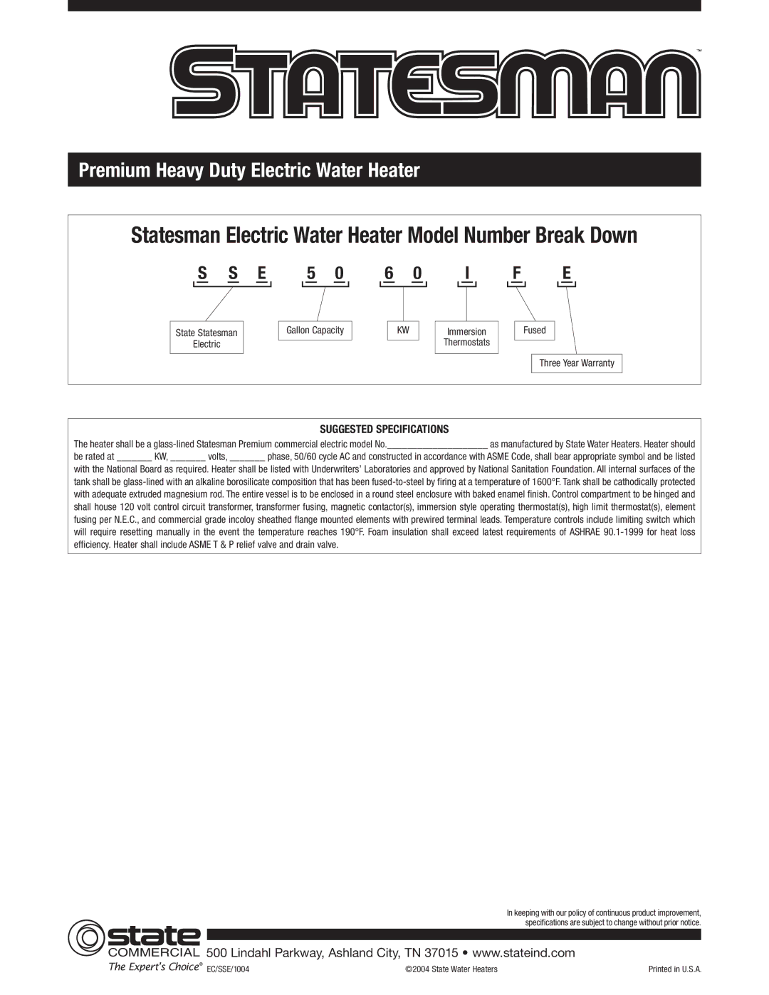 State Industries Premium Heavy Duty warranty Statesman Electric Water Heater Model Number Break Down, State Water Heaters 