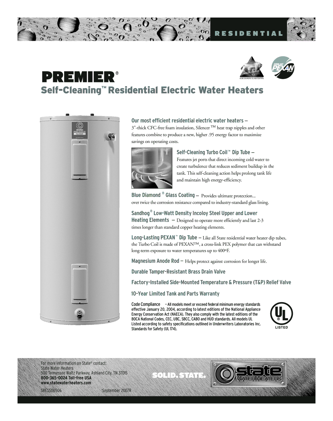 State Industries Residential Electric Water Heaters specifications Premier, Self-Cleaning Turbo Coil Dip Tube 