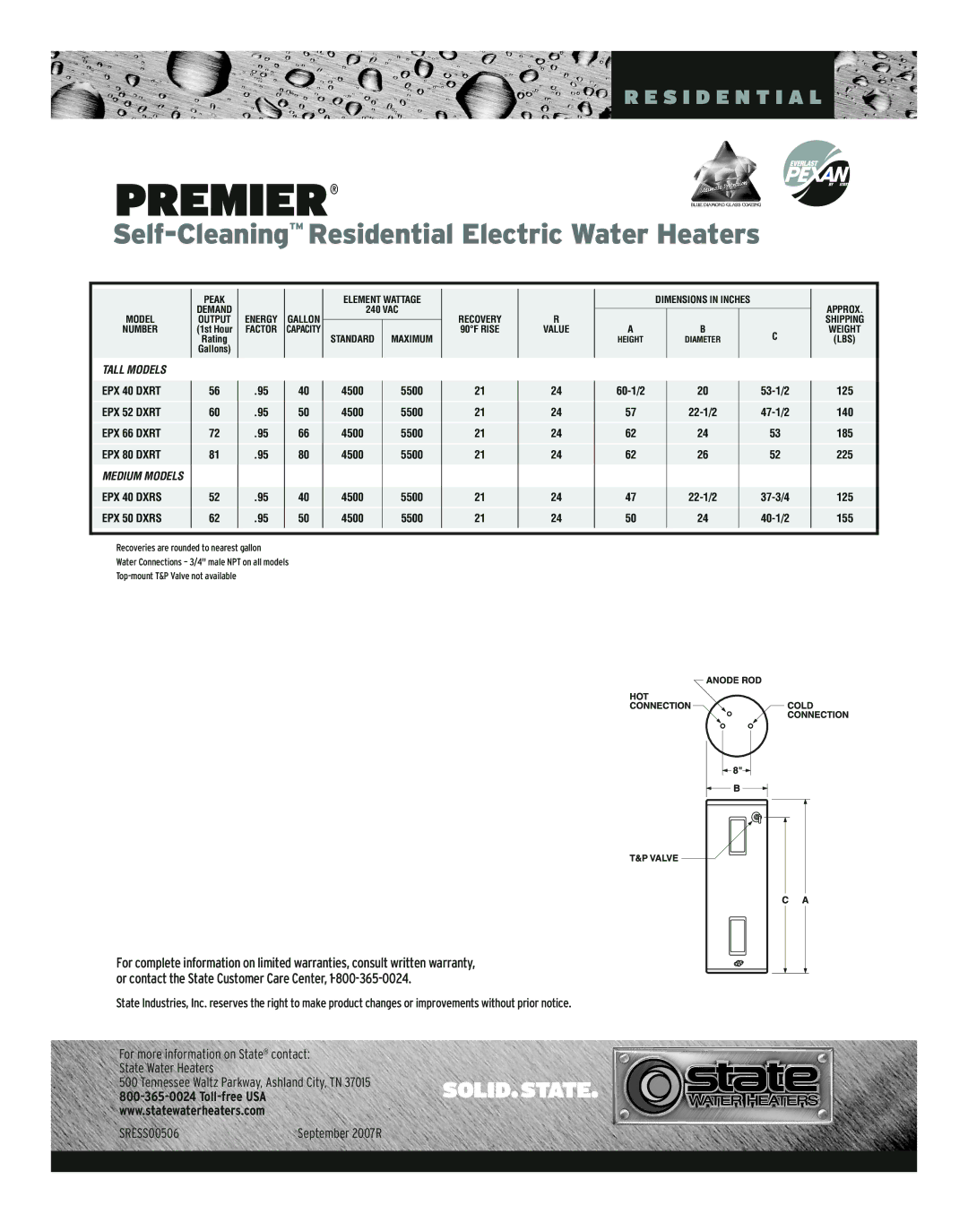 State Industries Residential Electric Water Heaters Tall Models EPX 40 Dxrt, EPX 52 Dxrt, EPX 66 Dxrt, EPX 80 Dxrt 