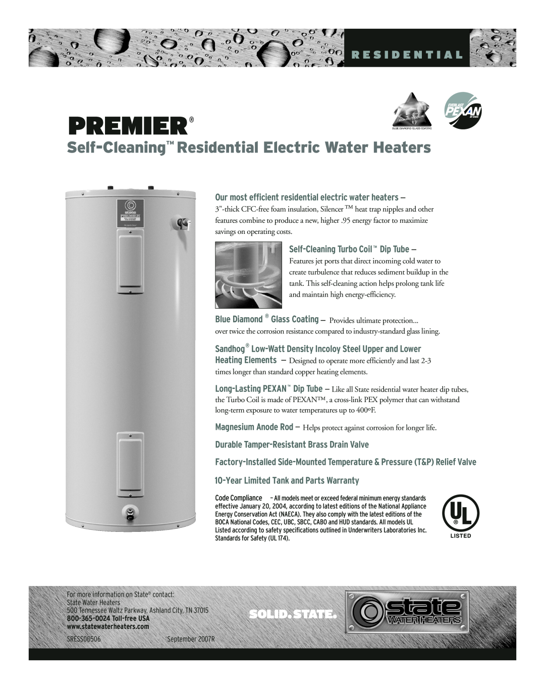 State Industries Residential Electric Water Heaters specifications Premier, R E S I D E N T I A L 