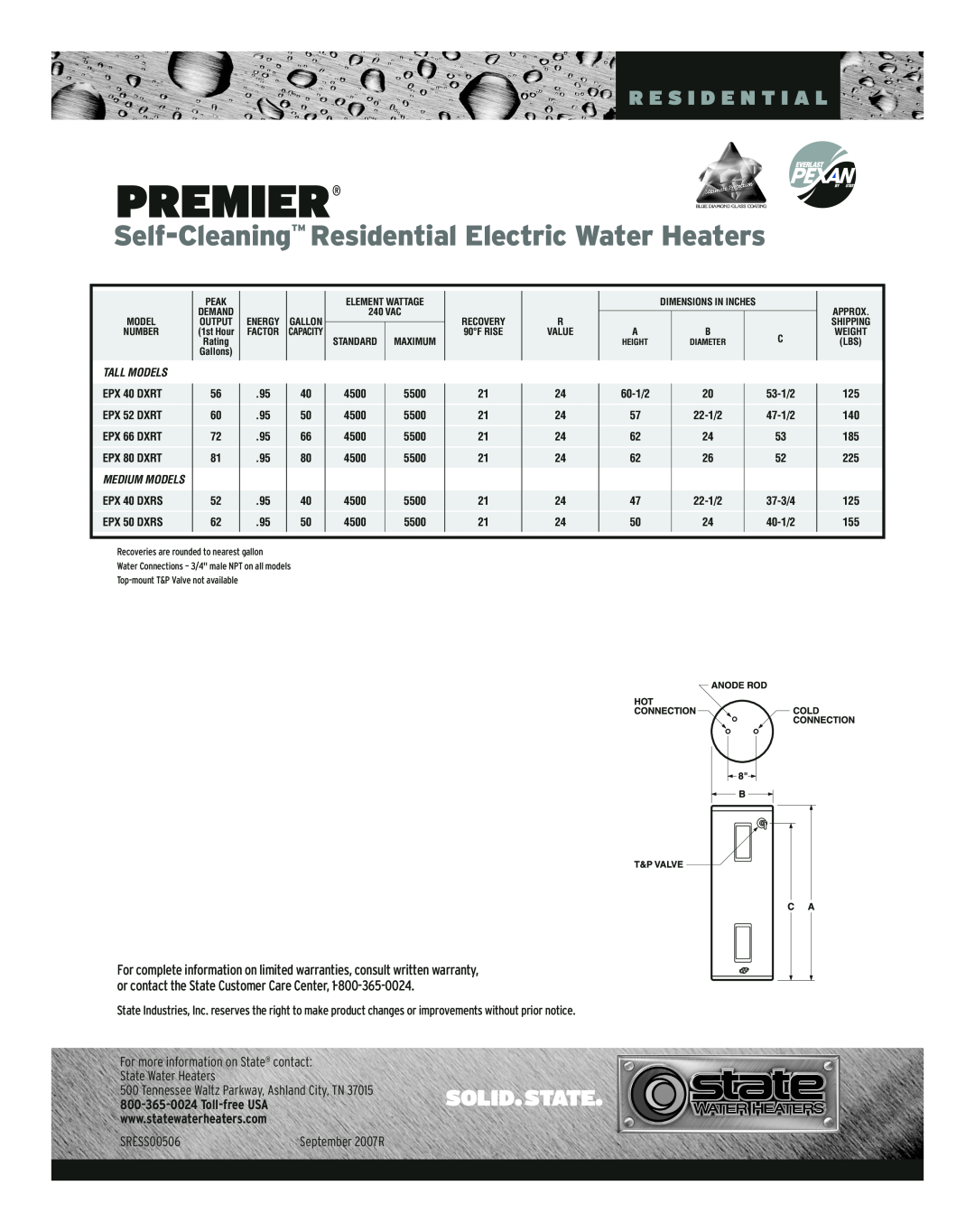 State Industries Premier, Self-Cleaning Residential Electric Water Heaters, R E S I D E N T I A L, SRESS00506 