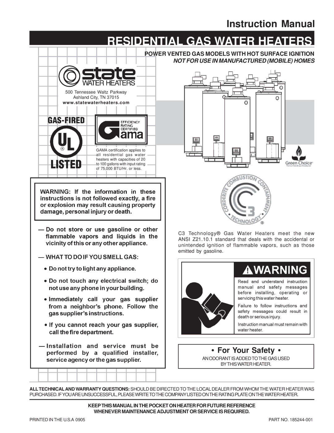 State Industries Residential Gas Water Heater instruction manual Residential GAS Water Heaters 