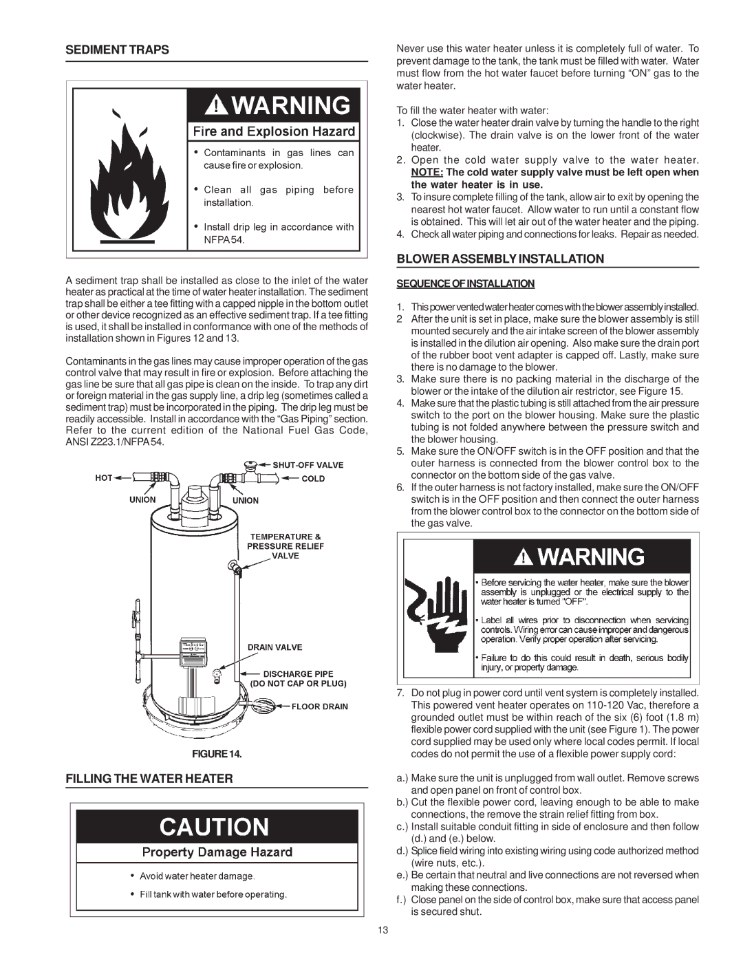 State Industries Residential Gas Water Heater Sediment Traps, Filling the Water Heater, Blower Assembly Installation 