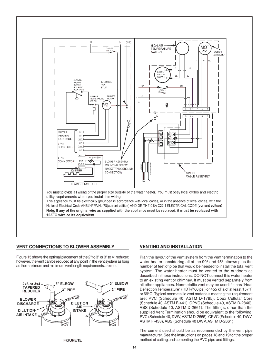 State Industries Residential Gas Water Heater Vent Connections to Blower Assembly, Venting and Installation 