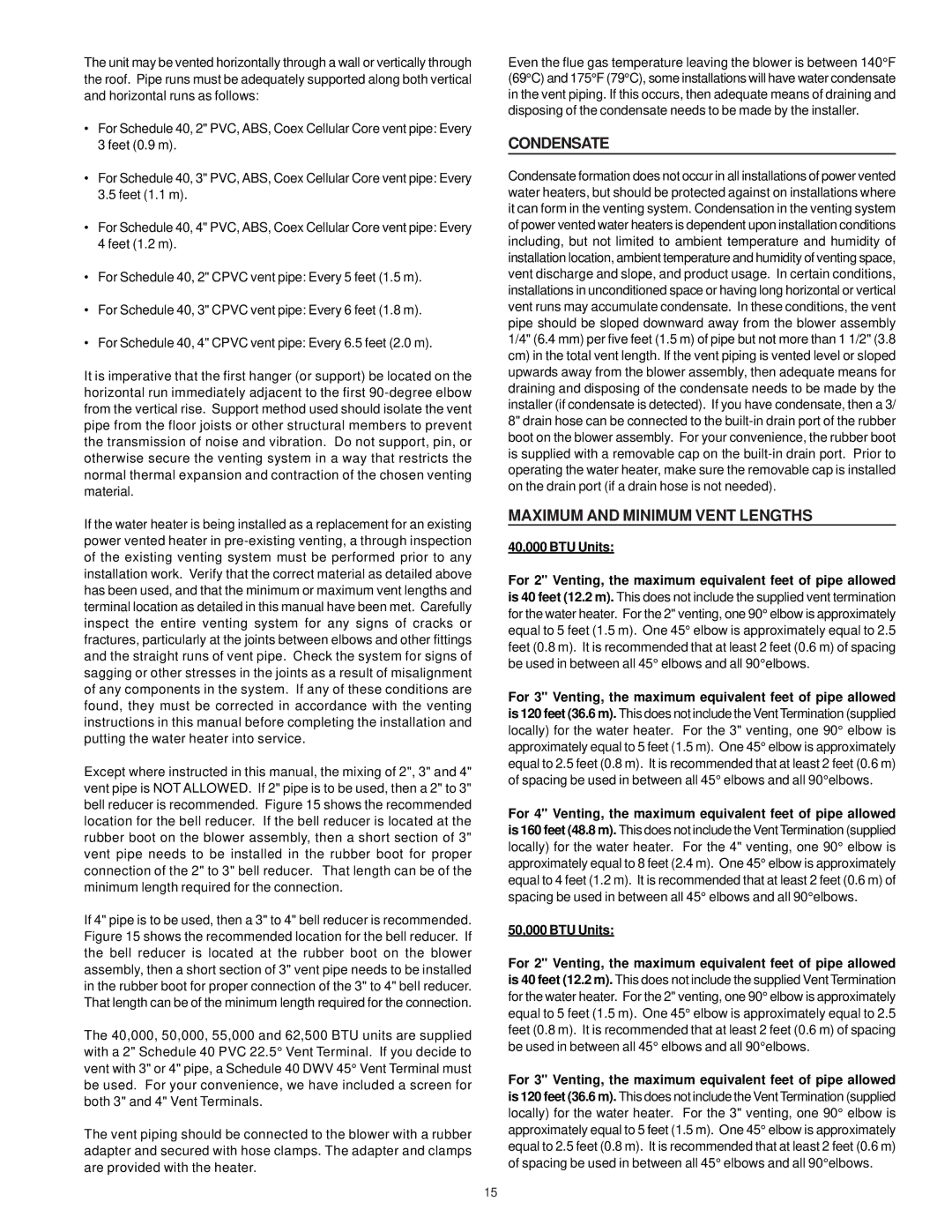 State Industries Residential Gas Water Heater instruction manual Condensate, Maximum and Minimum Vent Lengths 